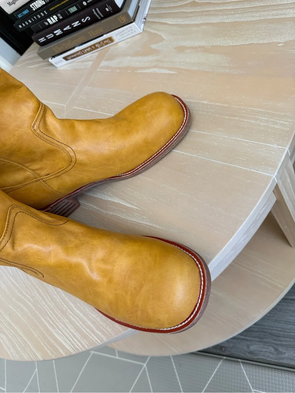 Boutique|Women's Tall  faux Leather Boots in Tan Mustard,stacked heel,size 12•••